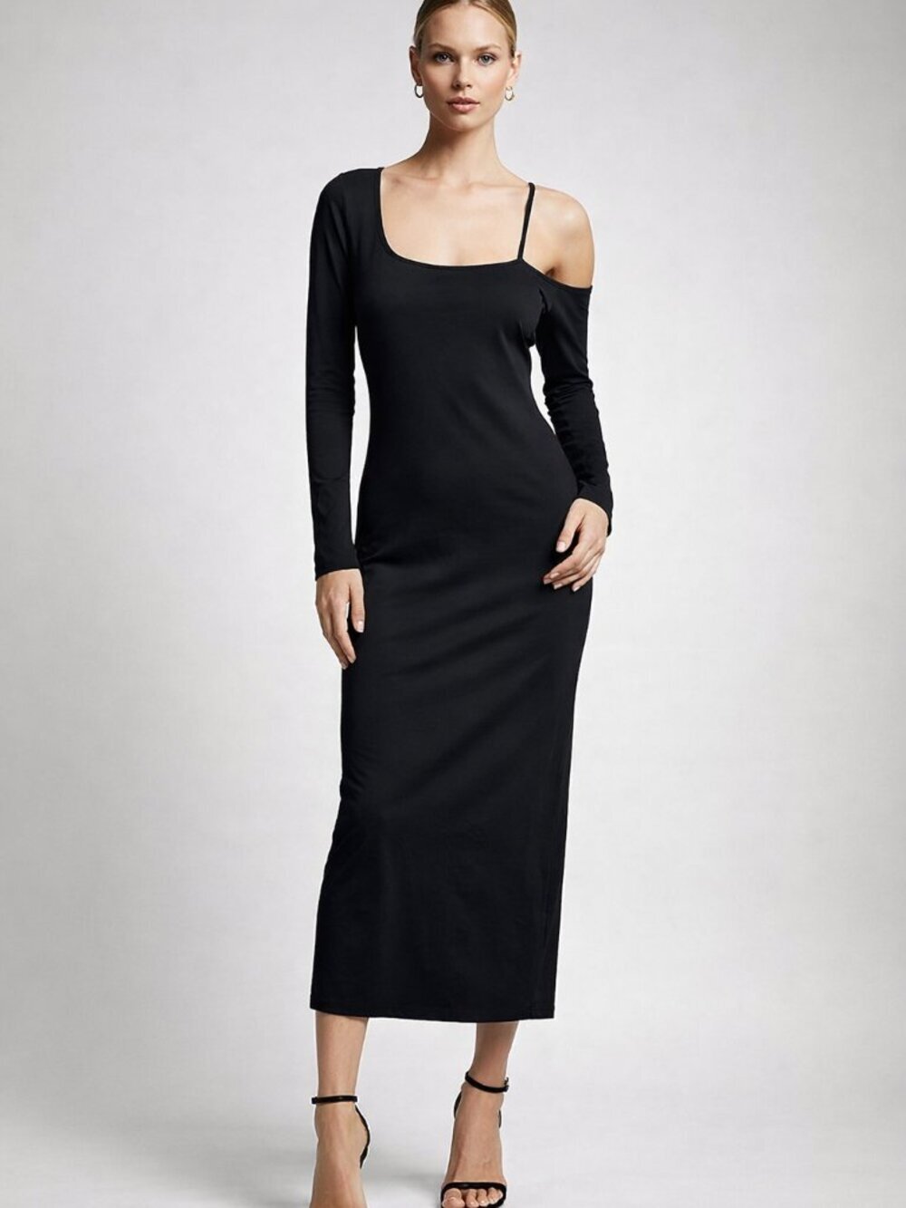 Helmut Lang Black Asymmetric One Shoulder Long Sleeve Midi Dress Medium/Large